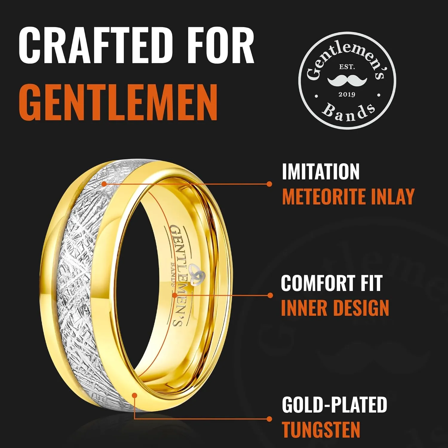Men's Tungsten Carbide Wedding Band With Meteorite Inlay - Premium Grade Gold Tungsten & Meteorite Wedding Ring - Includes Silicon Band, Leather Drawstring Pouch, & Luxury Walnut Box