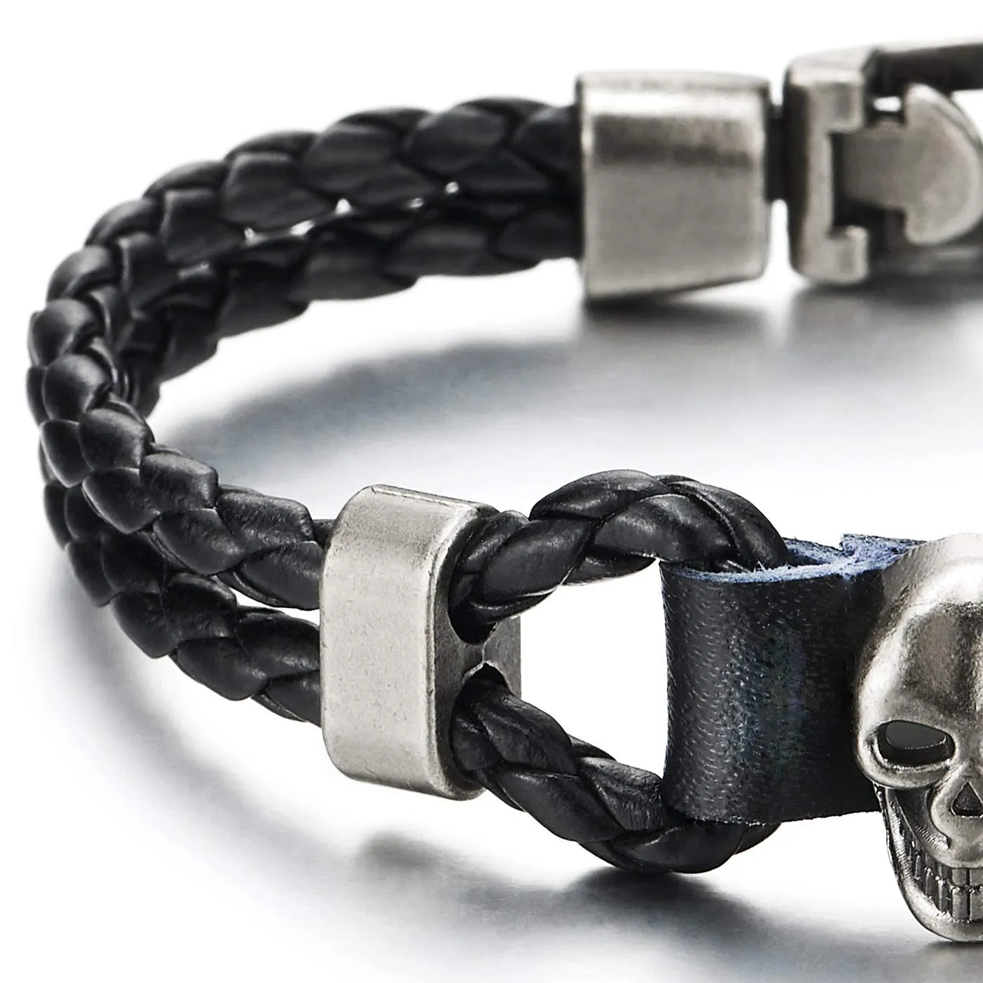 Mens Women Two-Row Black Braided Leather Knot Wristband Bangle Bracelet with Grey Skull Charm