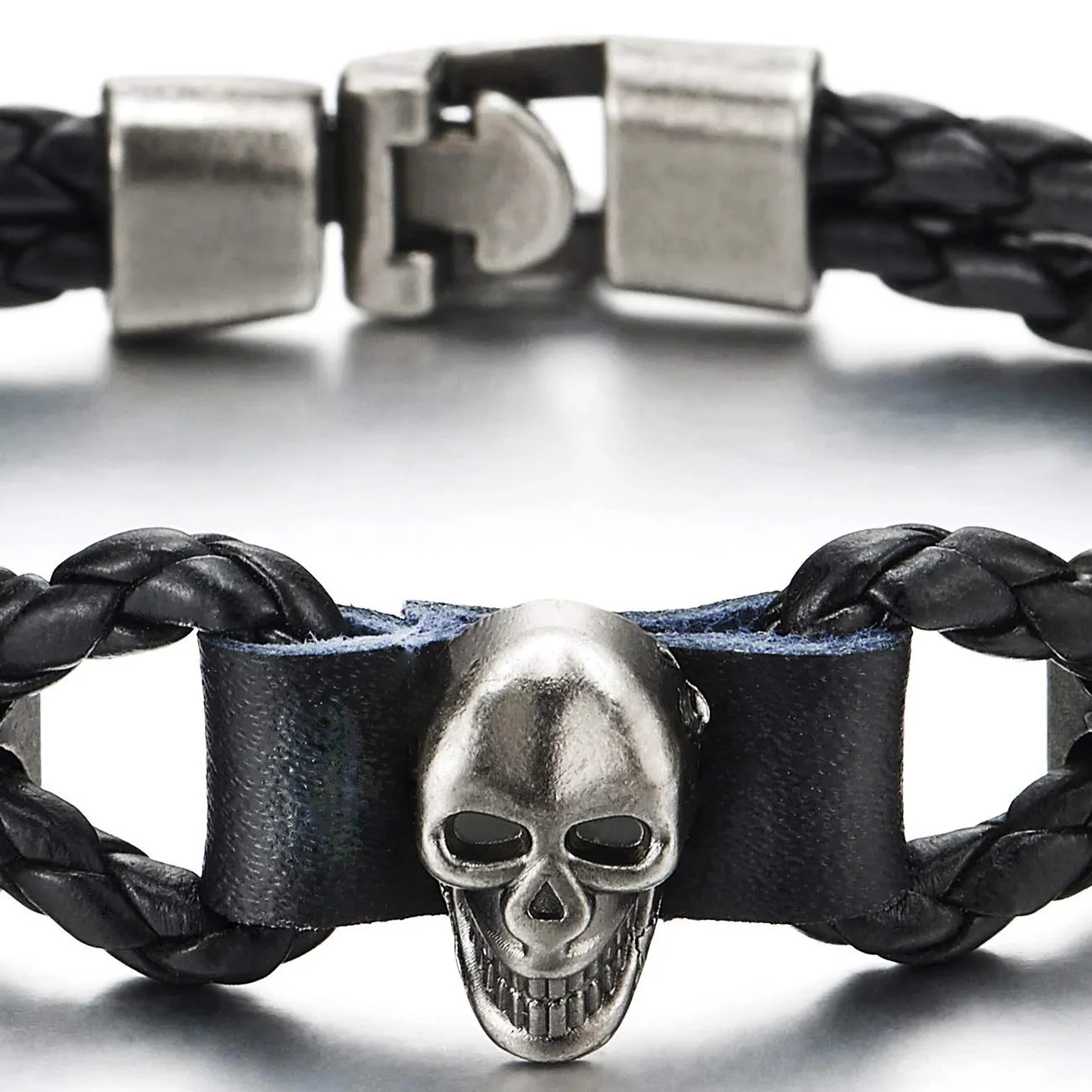 Mens Women Two-Row Black Braided Leather Knot Wristband Bangle Bracelet with Grey Skull Charm