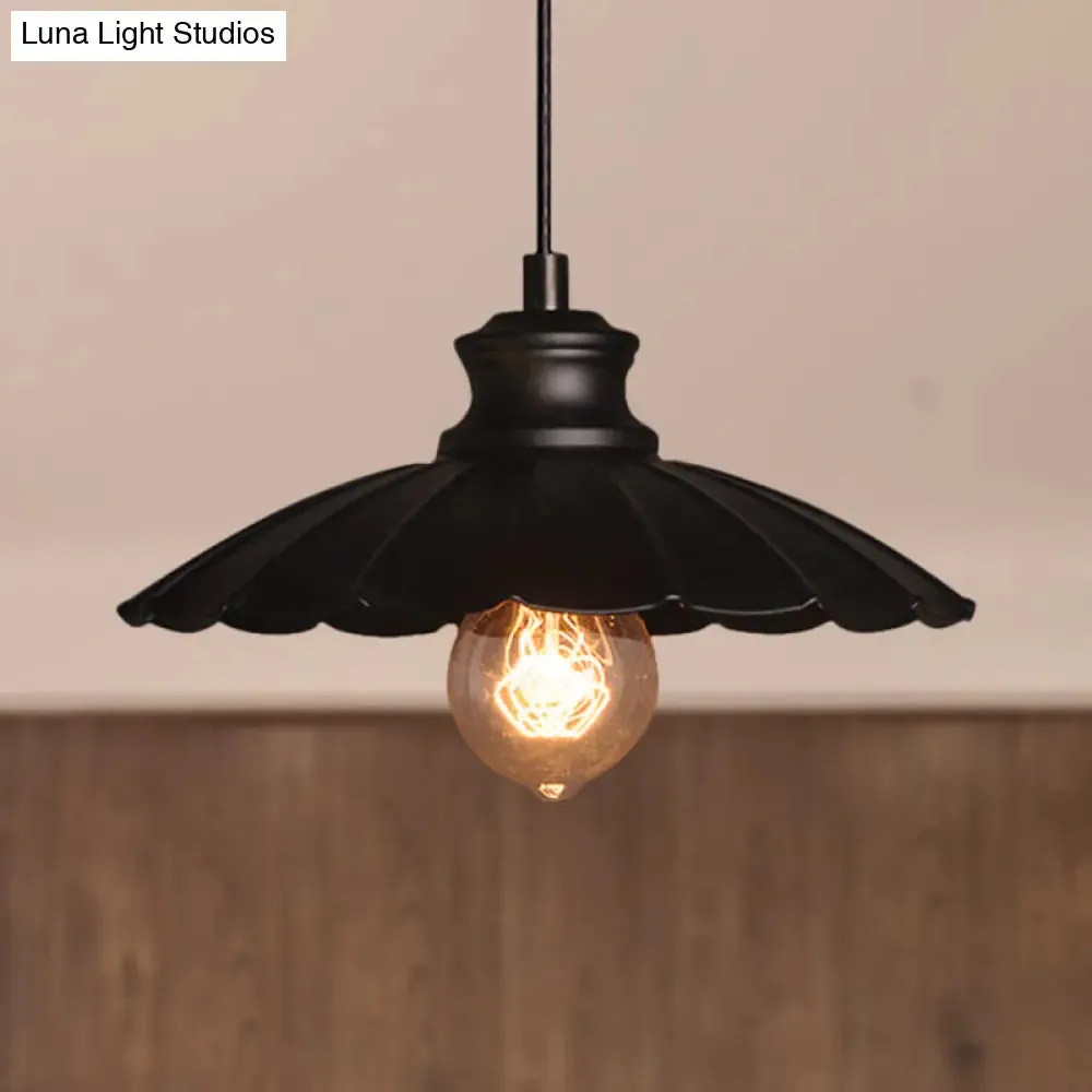Metallic Black Pendant Lamp with Scalloped Shade - Retro Style Ceiling Light for Kitchen