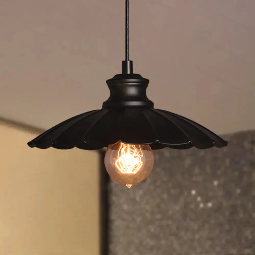 Metallic Black Pendant Lamp with Scalloped Shade - Retro Style Ceiling Light for Kitchen