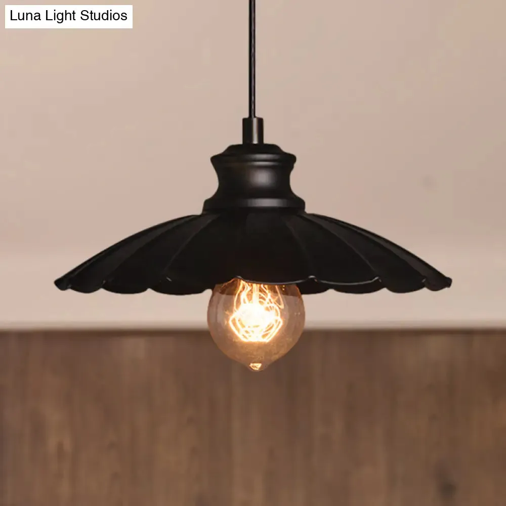 Metallic Black Pendant Lamp with Scalloped Shade - Retro Style Ceiling Light for Kitchen