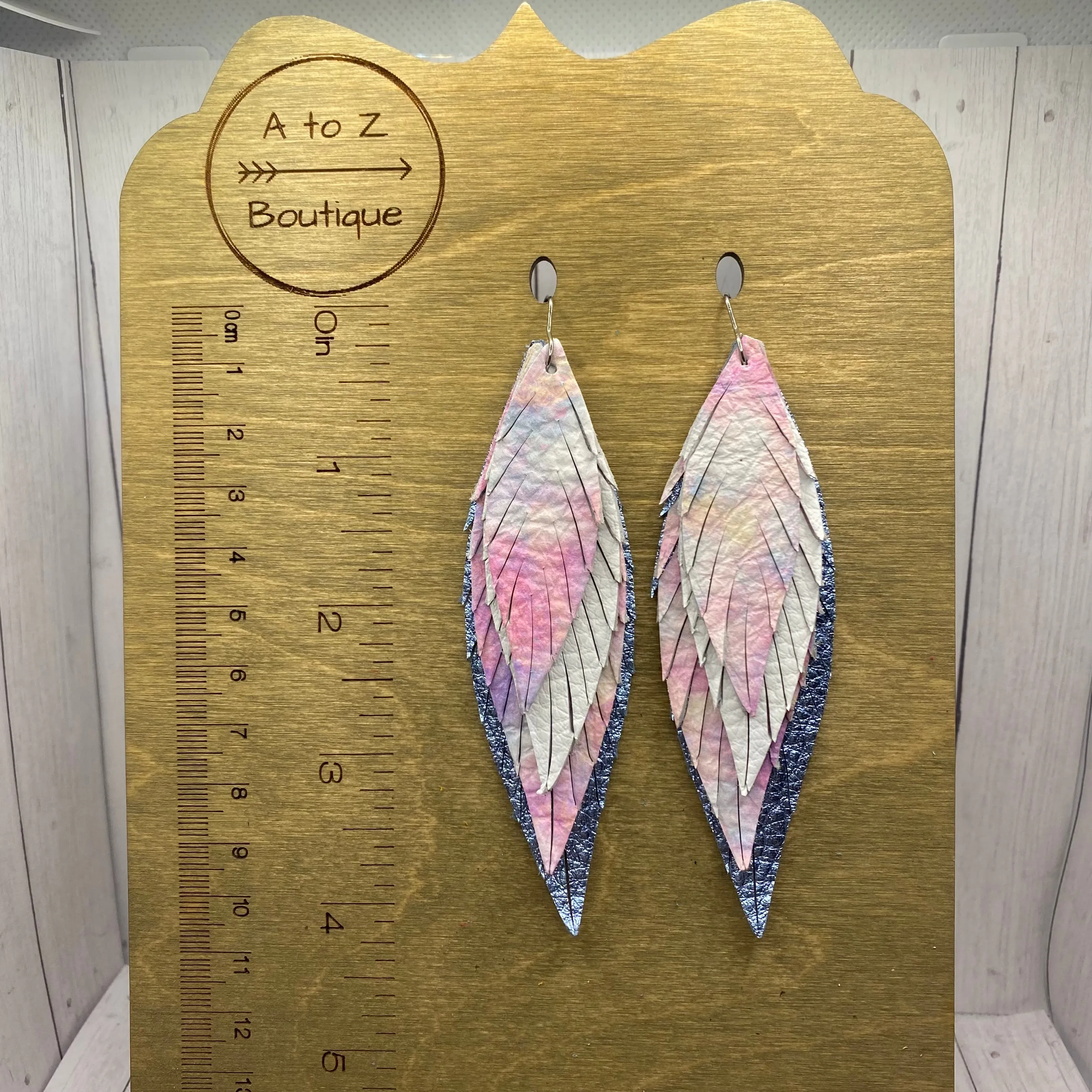 Metallic Blue White Pink Watercolor Large Leather Skinny Feather Earrings