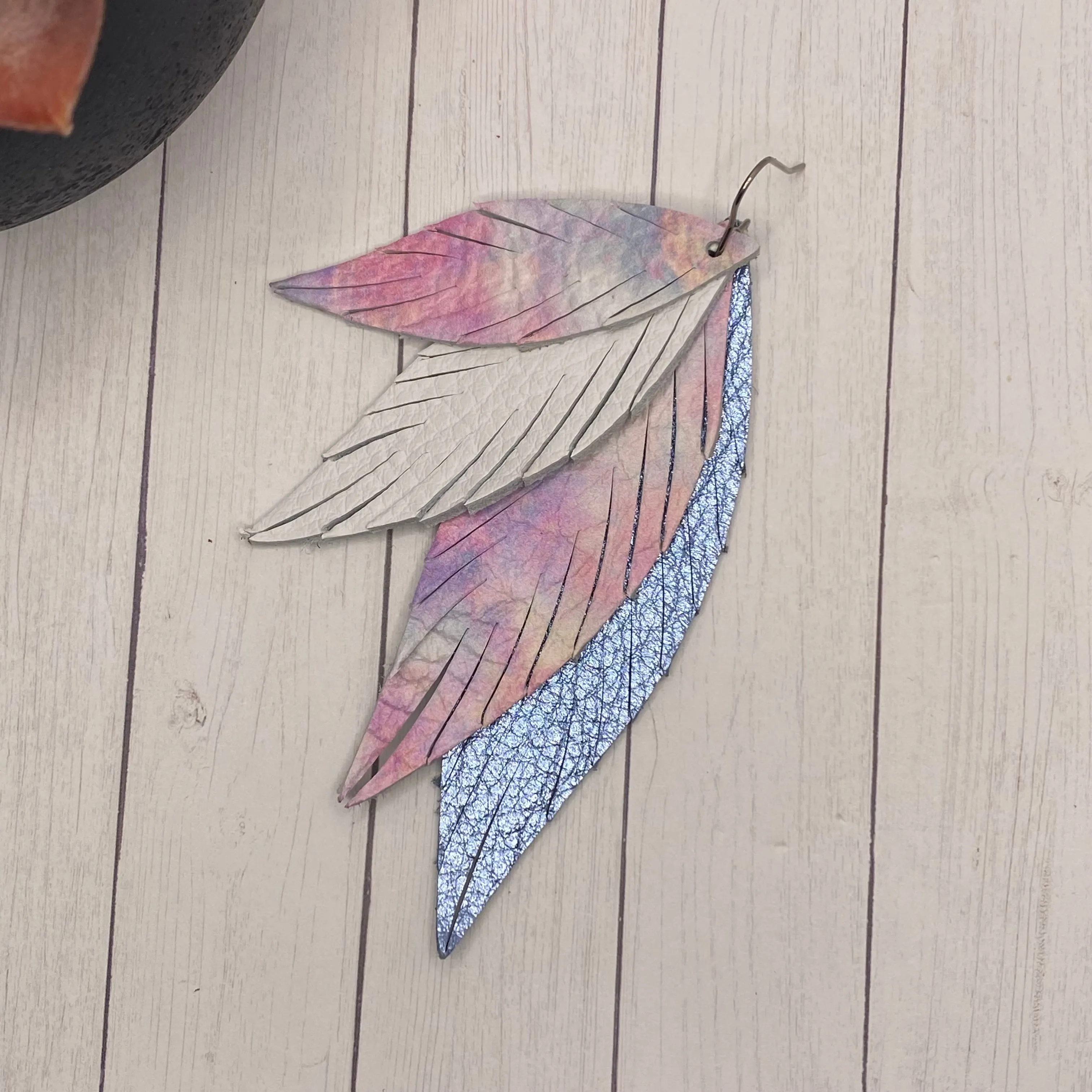 Metallic Blue White Pink Watercolor Large Leather Skinny Feather Earrings