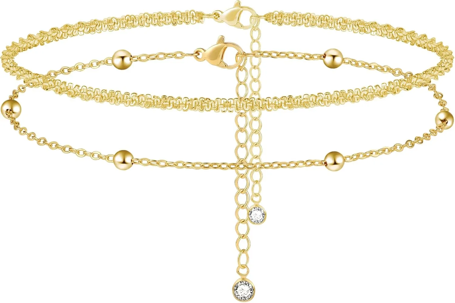 MIDEEO Gold/Silver Ankle Bracelets for Women,14K Gold Anklets for Women Waterproof Cuban Link Heart Beads Herringbone Rhinestone Anklets Set Layered Anklet Bracelets for Women Gold Jewelry Gift