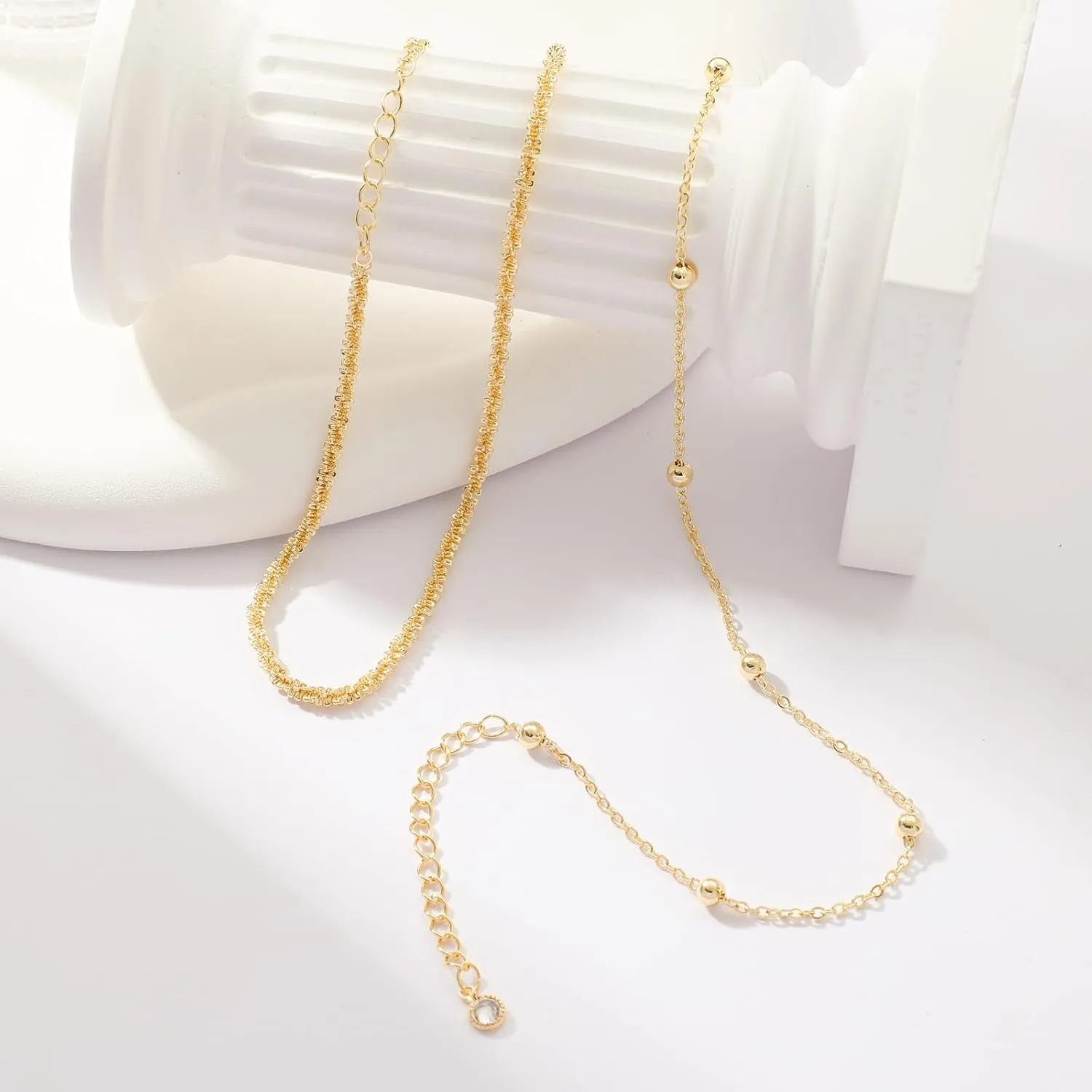 MIDEEO Gold/Silver Ankle Bracelets for Women,14K Gold Anklets for Women Waterproof Cuban Link Heart Beads Herringbone Rhinestone Anklets Set Layered Anklet Bracelets for Women Gold Jewelry Gift