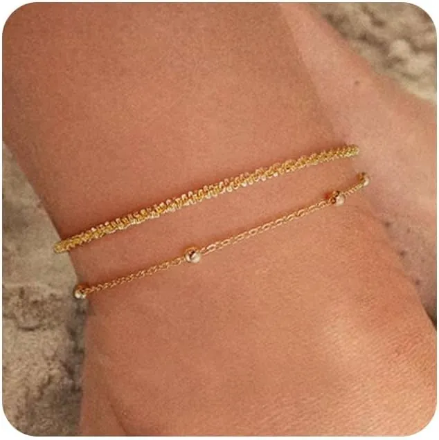 MIDEEO Gold/Silver Ankle Bracelets for Women,14K Gold Anklets for Women Waterproof Cuban Link Heart Beads Herringbone Rhinestone Anklets Set Layered Anklet Bracelets for Women Gold Jewelry Gift
