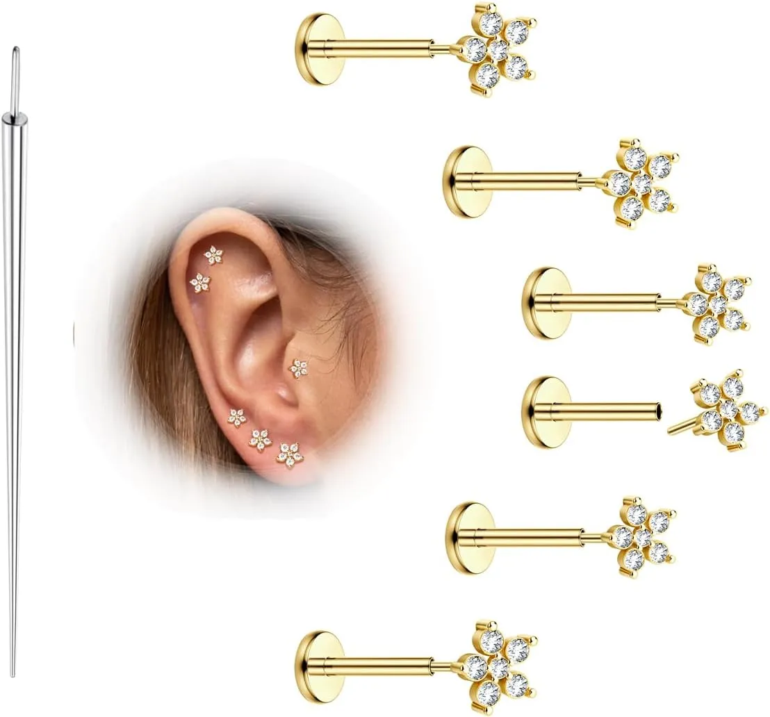 MILACOLATO 20G Threadless Flat Back Earrings Studs Hypoallergenic 316L Surgical Steel Push in Nose Rings 14K Gold Plated Nose Rings Studs Tragus Medusa Monroe Helix Labret Lip Nostril Cartilage Piercing Jewelry