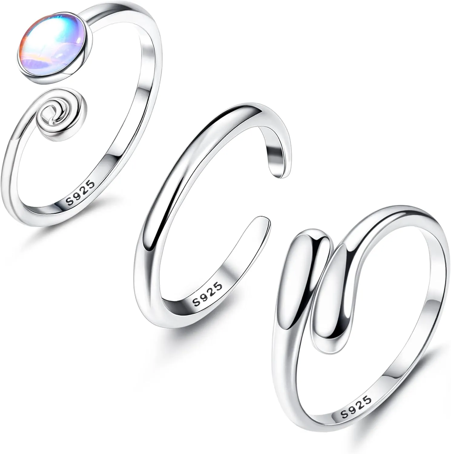 MILACOLATO 3pcs Toe Rings Set Solid 925 Sterling Silver Open Band Rings Comfort-Fit Adjustable Toe Rings for Women Turquoise Moonstone Summer Barefoot Jewelry