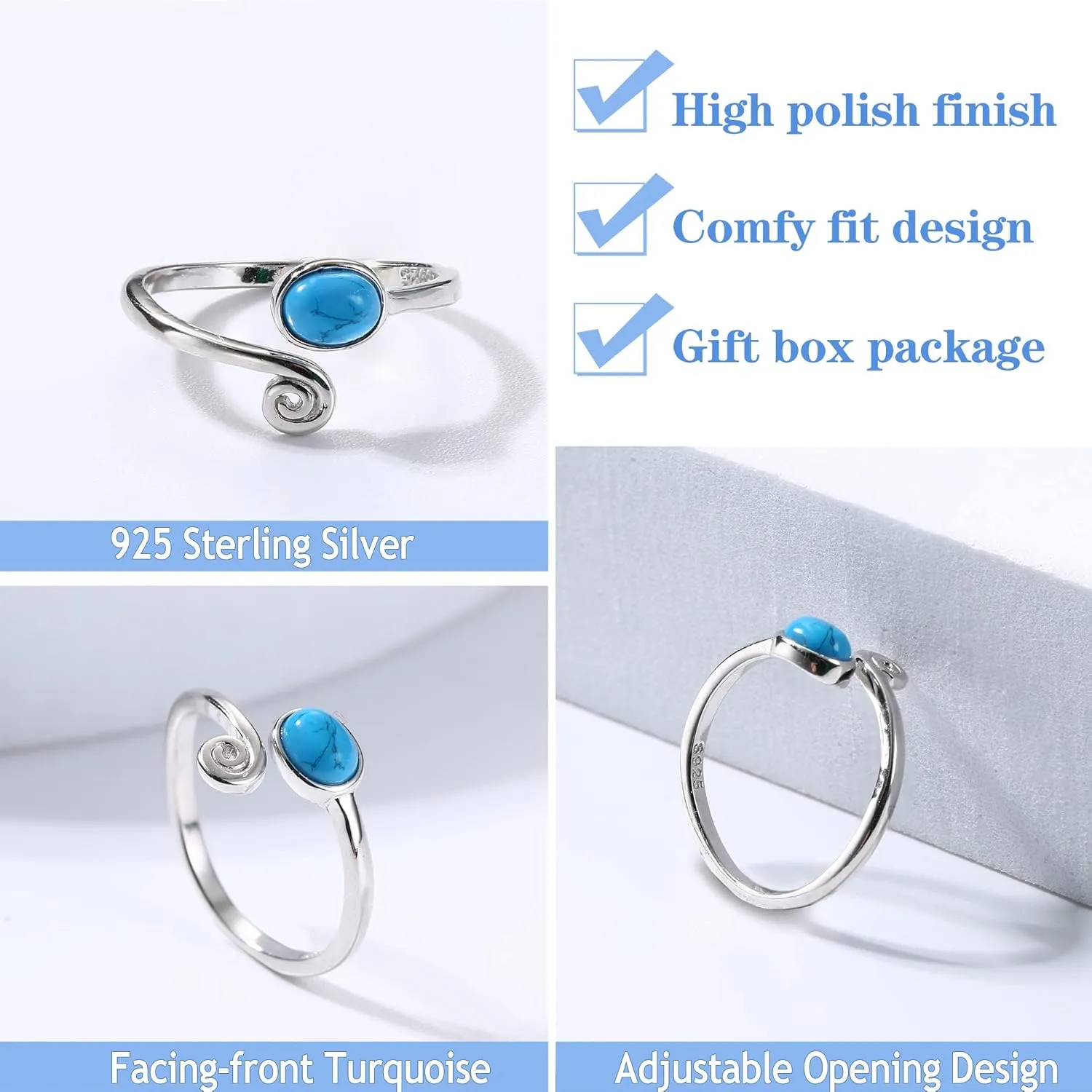 MILACOLATO 3pcs Toe Rings Set Solid 925 Sterling Silver Open Band Rings Comfort-Fit Adjustable Toe Rings for Women Turquoise Moonstone Summer Barefoot Jewelry