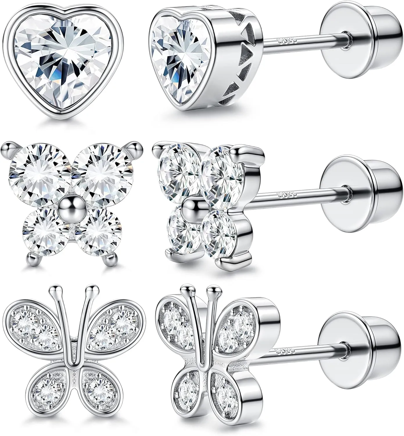 Milacolato 925 Sterling Silver Stud Earrings for Girls Women 14K Gold Plated Hypoallergenic Screw Back Earrings Cubic Zirconia Heart Butterfly Stud Earrings Set for Toddlers Teen Girls Over 3 Years Old