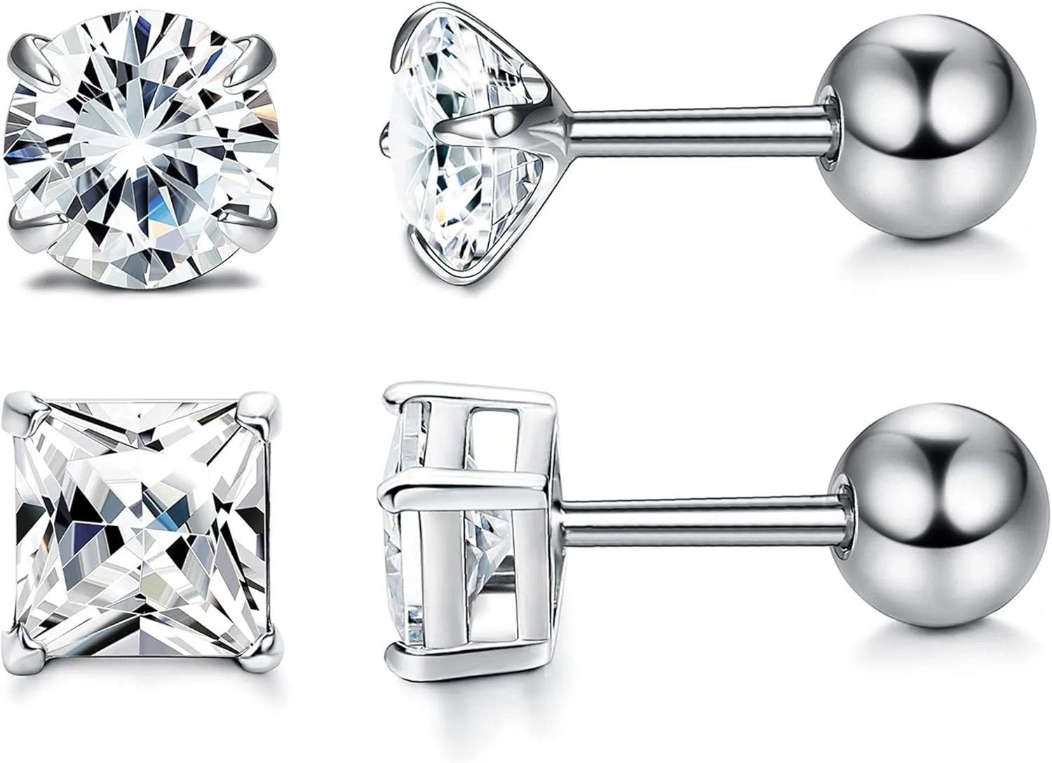 Milacolato Unisex Cubic Zirconia Stud Earrings 925 Sterling Silver Round/Square Princess Cut Cubic Zirconia Screw Back Stud Earrings for Women/Men Cartilage Tragus Helix CZ Studs 3-6MM