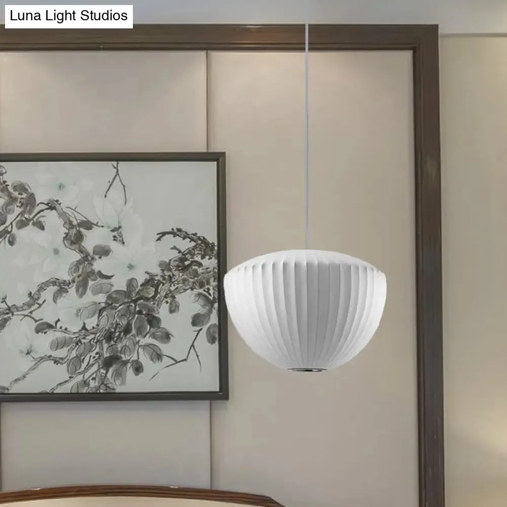 Minimalist Ribbed Rayon Bowl Pendant Light: 1-Light White Ceiling Fixture for Lounge
