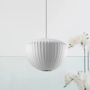 Minimalist Ribbed Rayon Bowl Pendant Light: 1-Light White Ceiling Fixture for Lounge