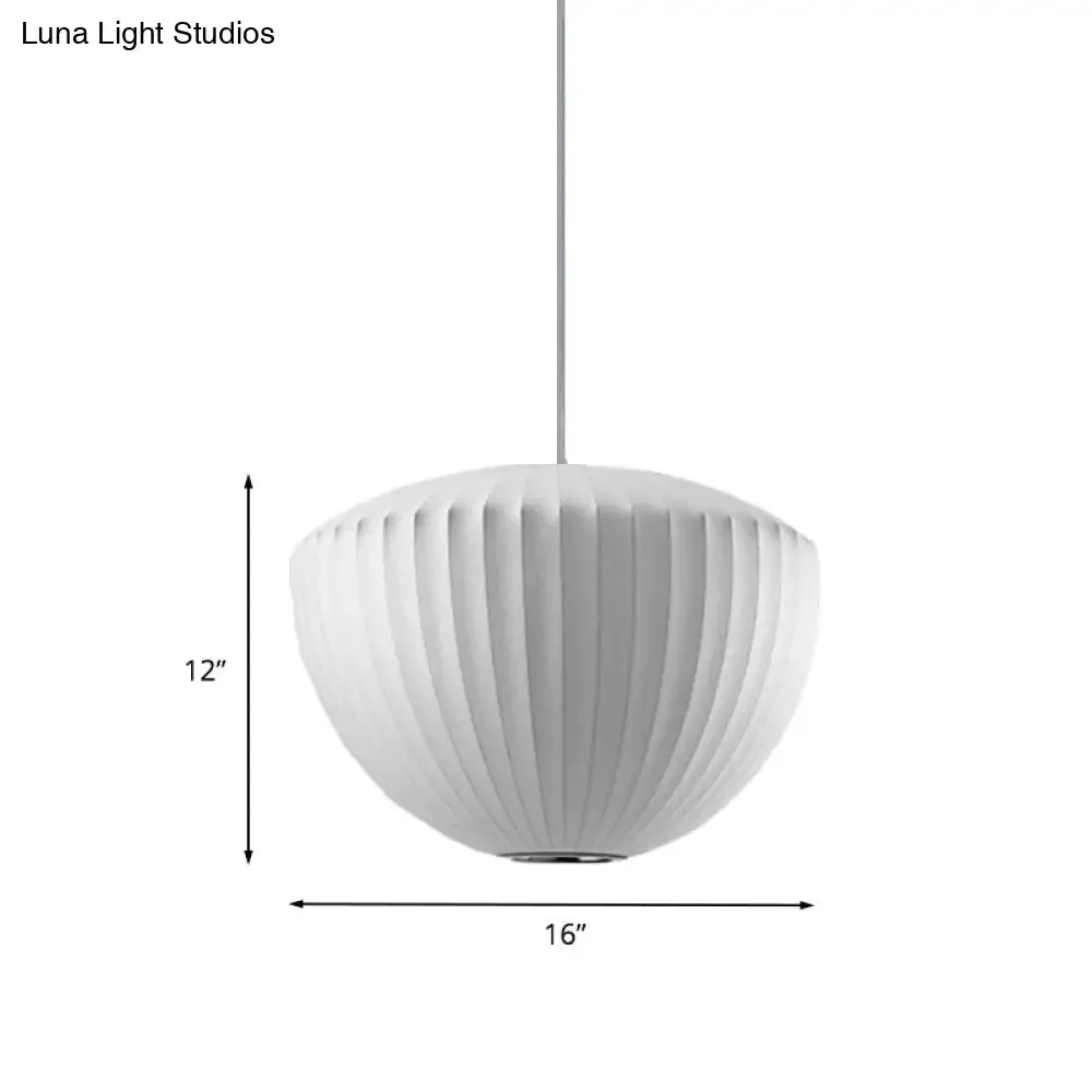 Minimalist Ribbed Rayon Bowl Pendant Light: 1-Light White Ceiling Fixture for Lounge