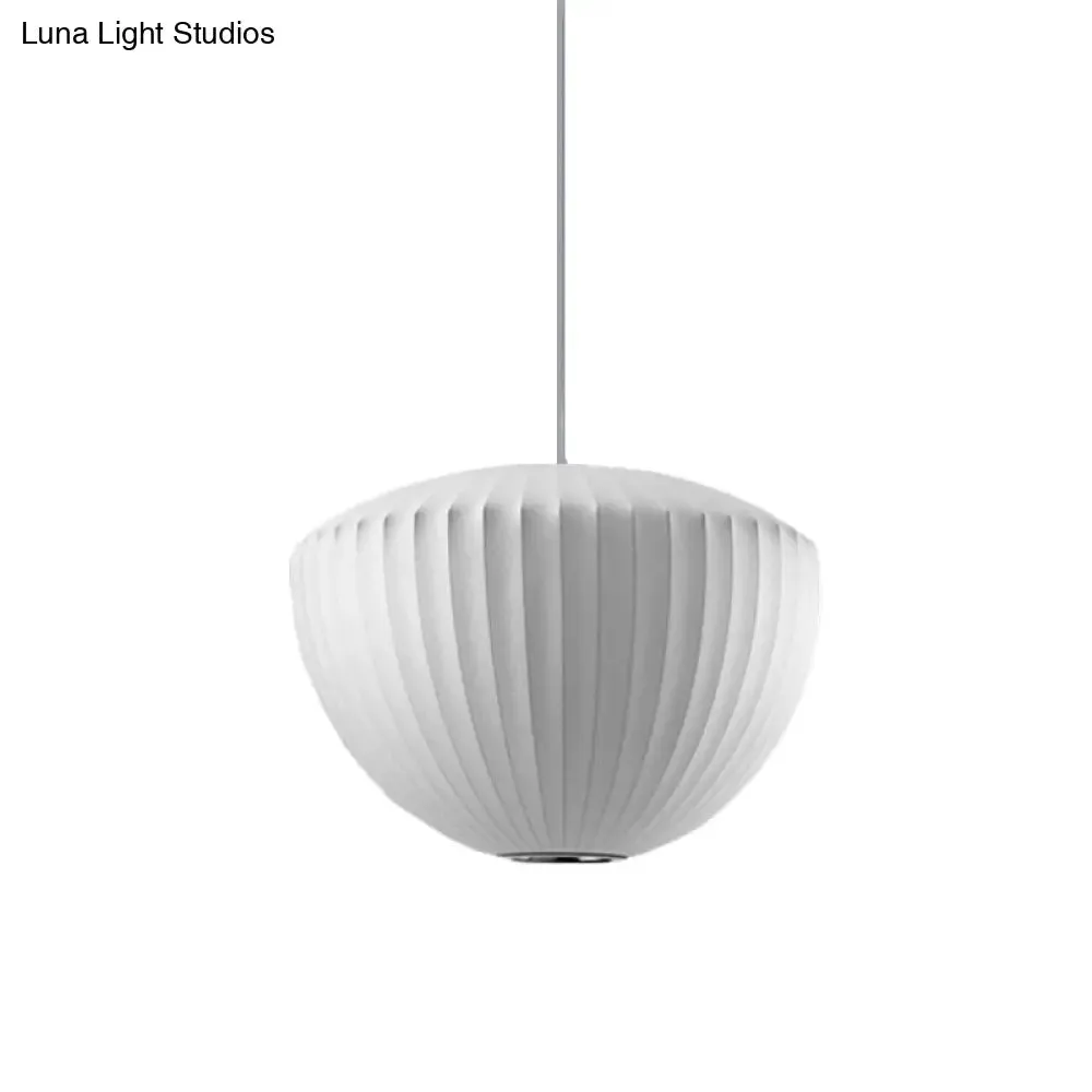 Minimalist Ribbed Rayon Bowl Pendant Light: 1-Light White Ceiling Fixture for Lounge