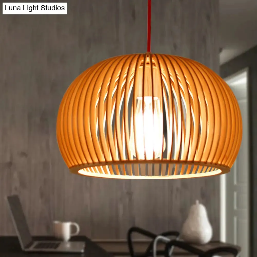 Minimalist Wood Hemisphere Pendant Ceiling Lamp, Single-Bulb Beige Hang Light, 14"/18" Width