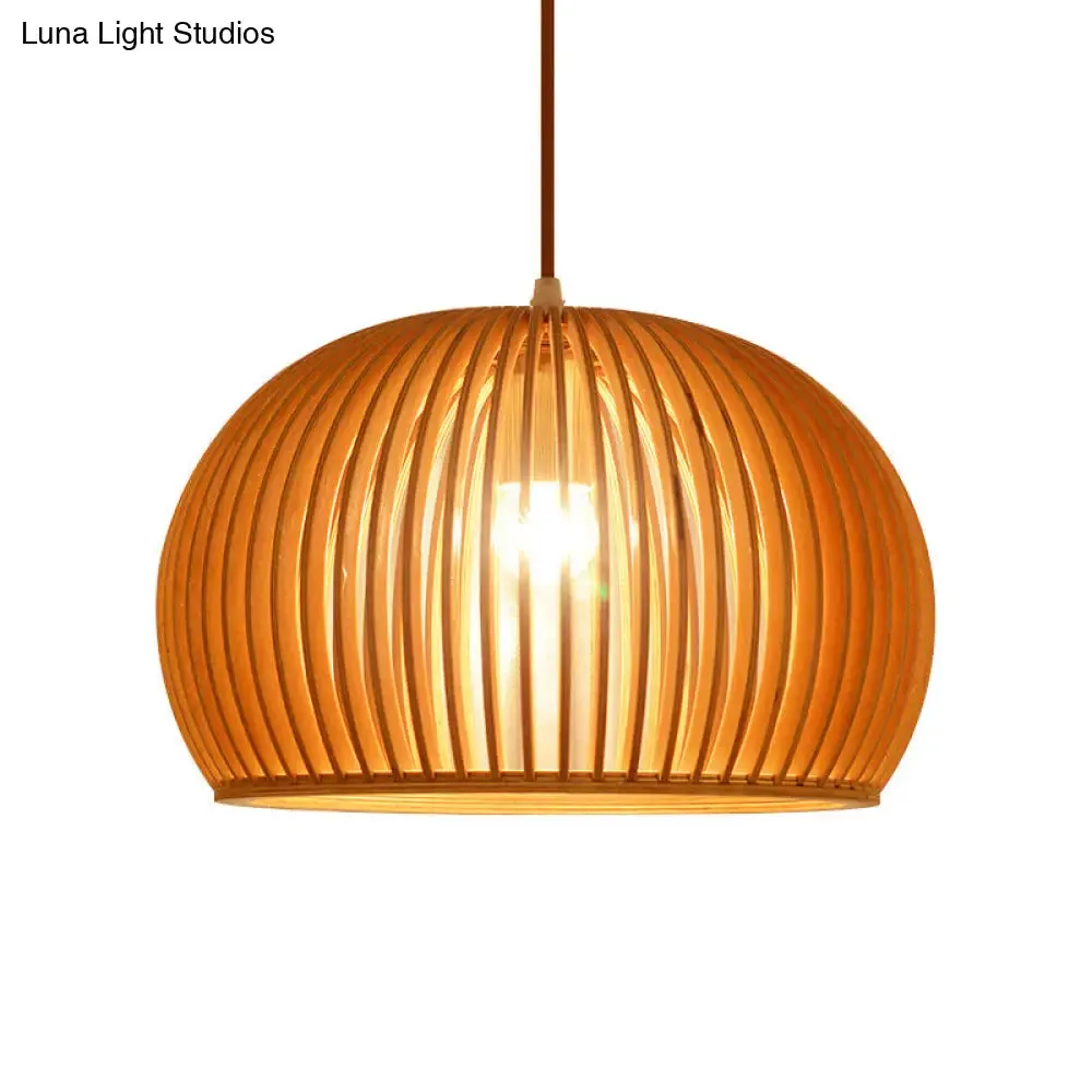 Minimalist Wood Hemisphere Pendant Ceiling Lamp, Single-Bulb Beige Hang Light, 14"/18" Width