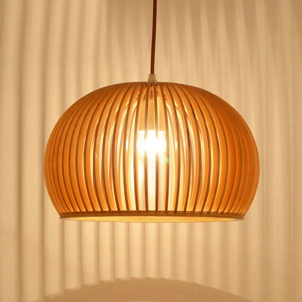 Minimalist Wood Hemisphere Pendant Ceiling Lamp, Single-Bulb Beige Hang Light, 14"/18" Width
