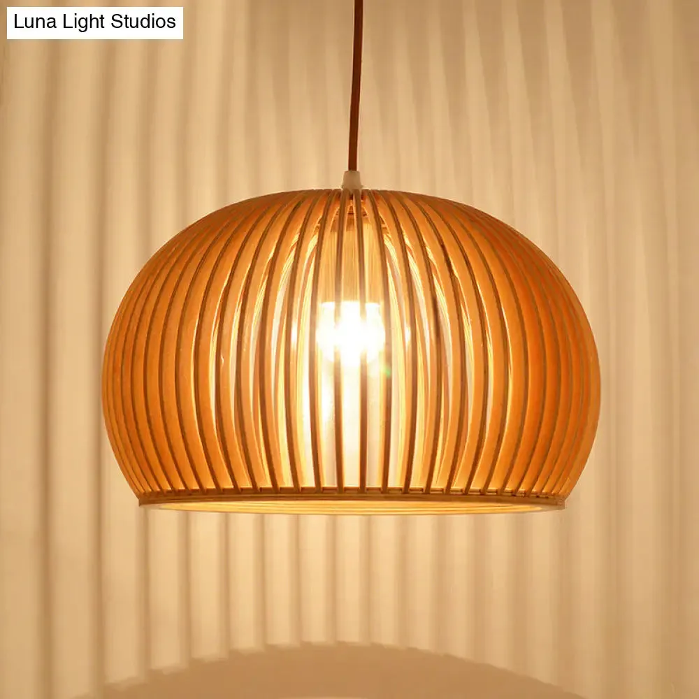 Minimalist Wood Hemisphere Pendant Ceiling Lamp, Single-Bulb Beige Hang Light, 14"/18" Width