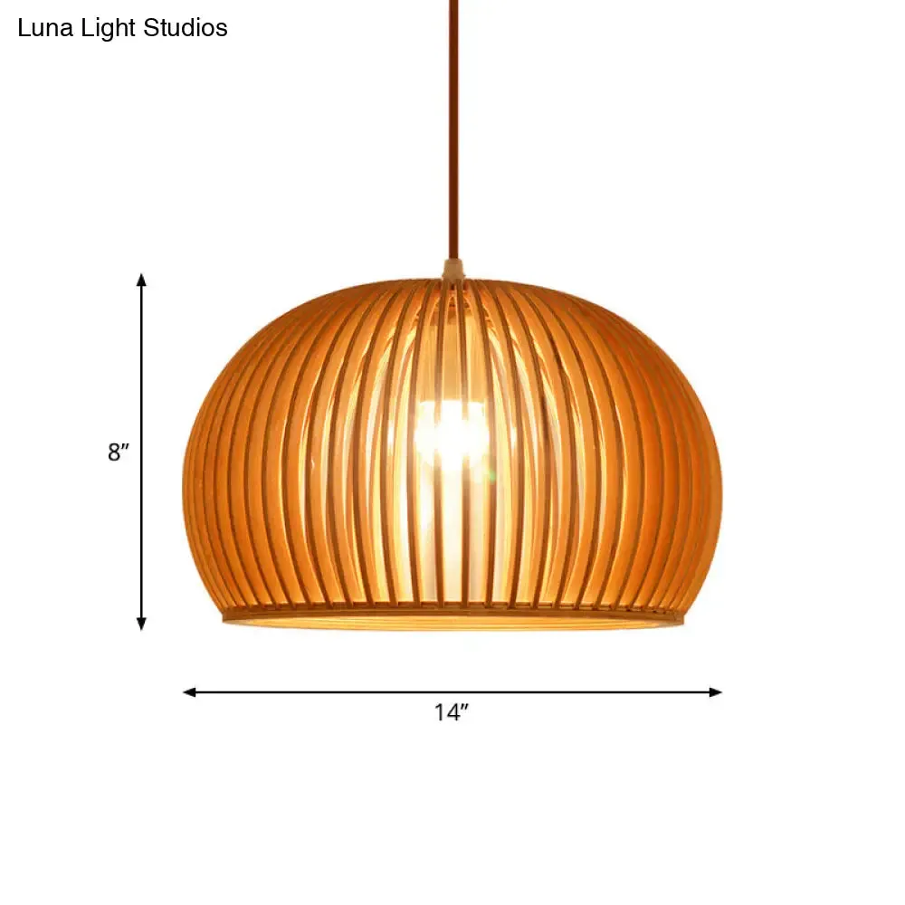 Minimalist Wood Hemisphere Pendant Ceiling Lamp, Single-Bulb Beige Hang Light, 14"/18" Width