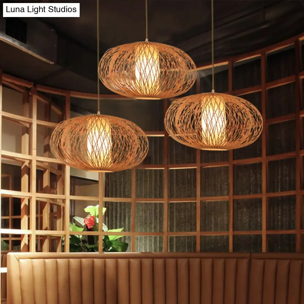 Modern Bamboo Pendant Light Fixture - Cross Woven Design - 1 Light - Beige - Dining Room Lighting
