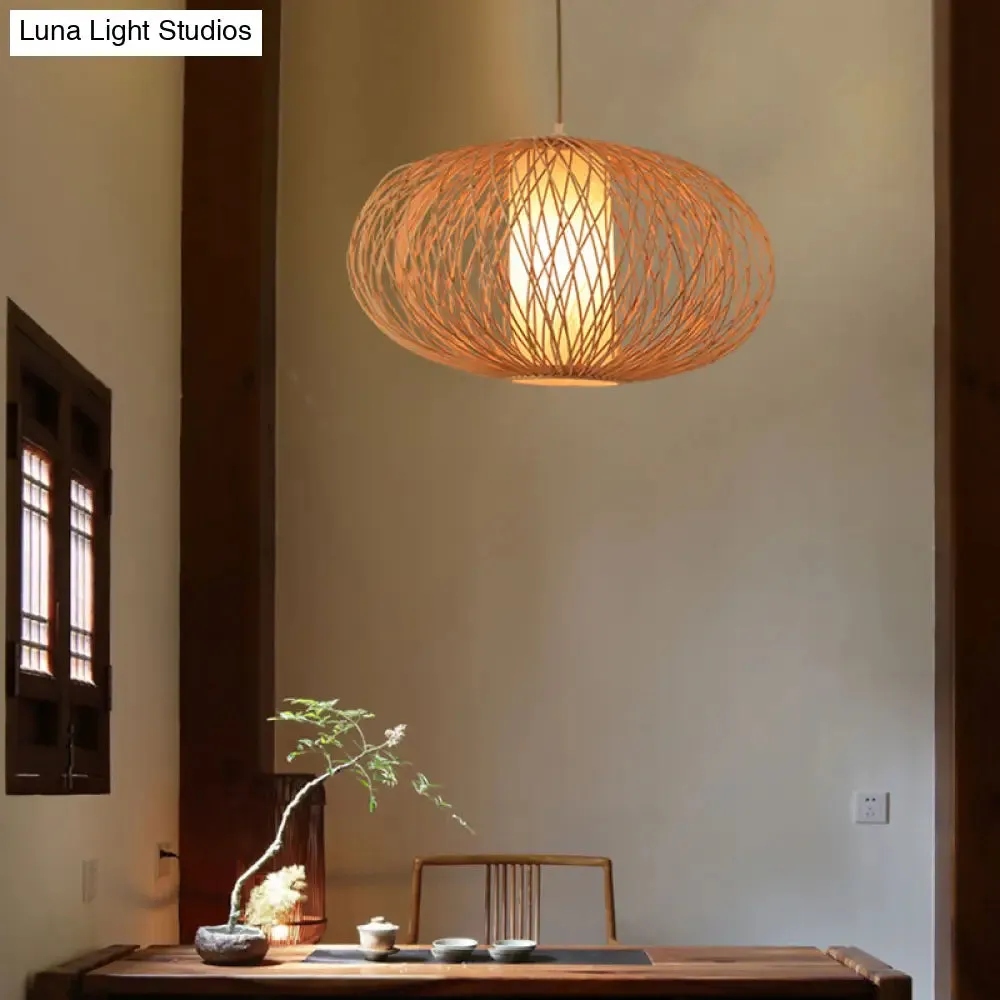 Modern Bamboo Pendant Light Fixture - Cross Woven Design - 1 Light - Beige - Dining Room Lighting