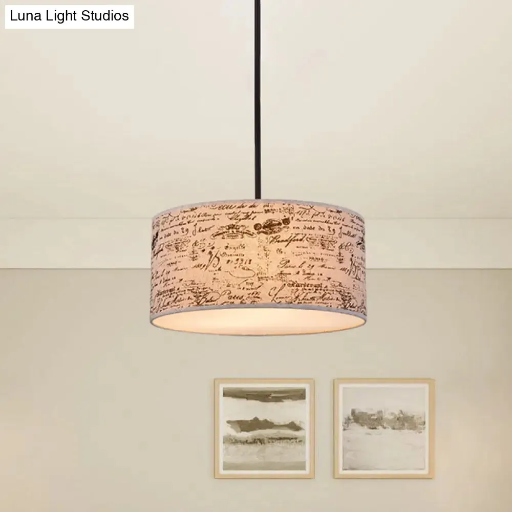 Modern Flaxen Drum Pendant with Script Lamp Shade - 12"/16" Dia Suspension Lighting
