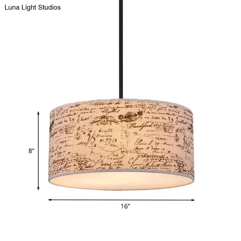 Modern Flaxen Drum Pendant with Script Lamp Shade - 12"/16" Dia Suspension Lighting
