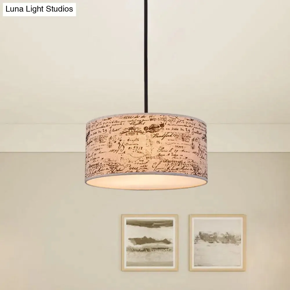 Modern Flaxen Drum Pendant with Script Lamp Shade - 12"/16" Dia Suspension Lighting