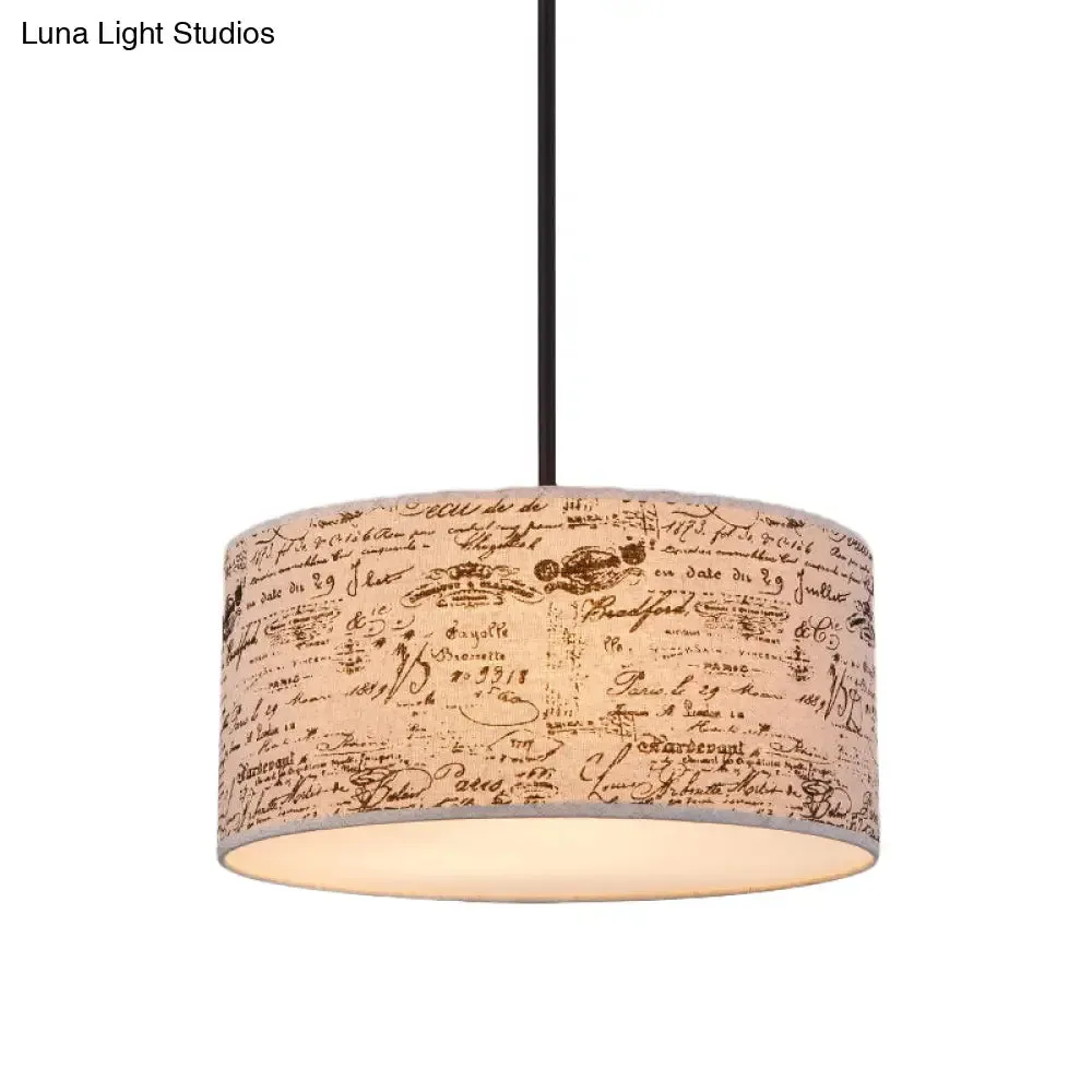 Modern Flaxen Drum Pendant with Script Lamp Shade - 12"/16" Dia Suspension Lighting