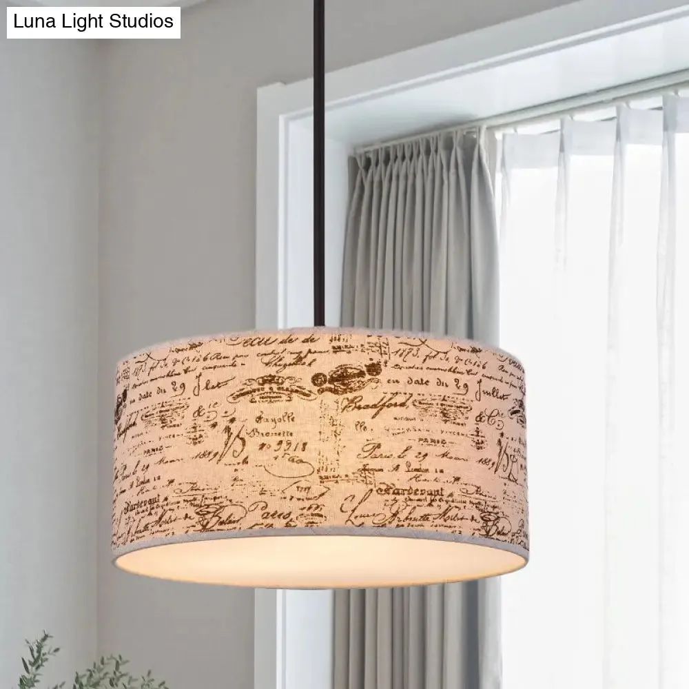 Modern Flaxen Drum Pendant with Script Lamp Shade - 12"/16" Dia Suspension Lighting