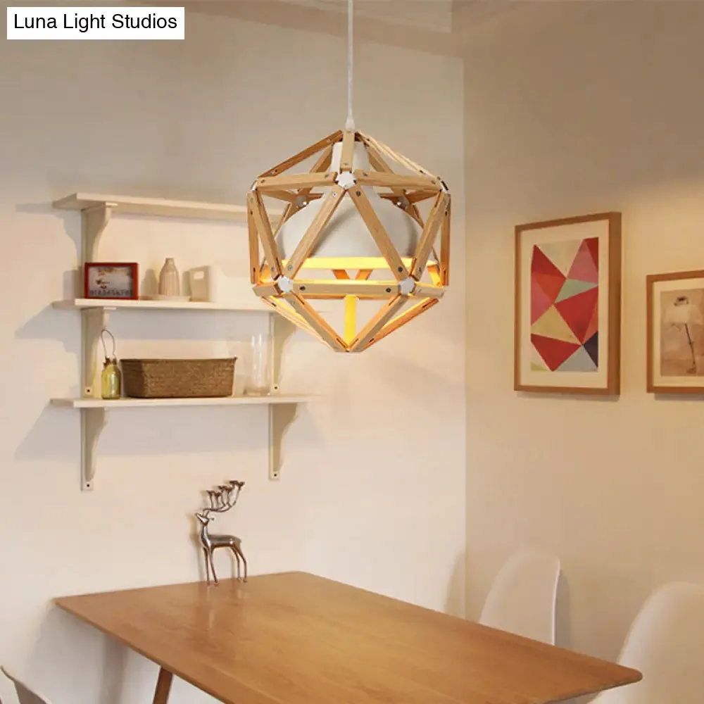Modern Geometric Wood Bar Hanging Light: 1-Light Ceiling Pendant in Light/Dark Brown with Metal Bowl Shade