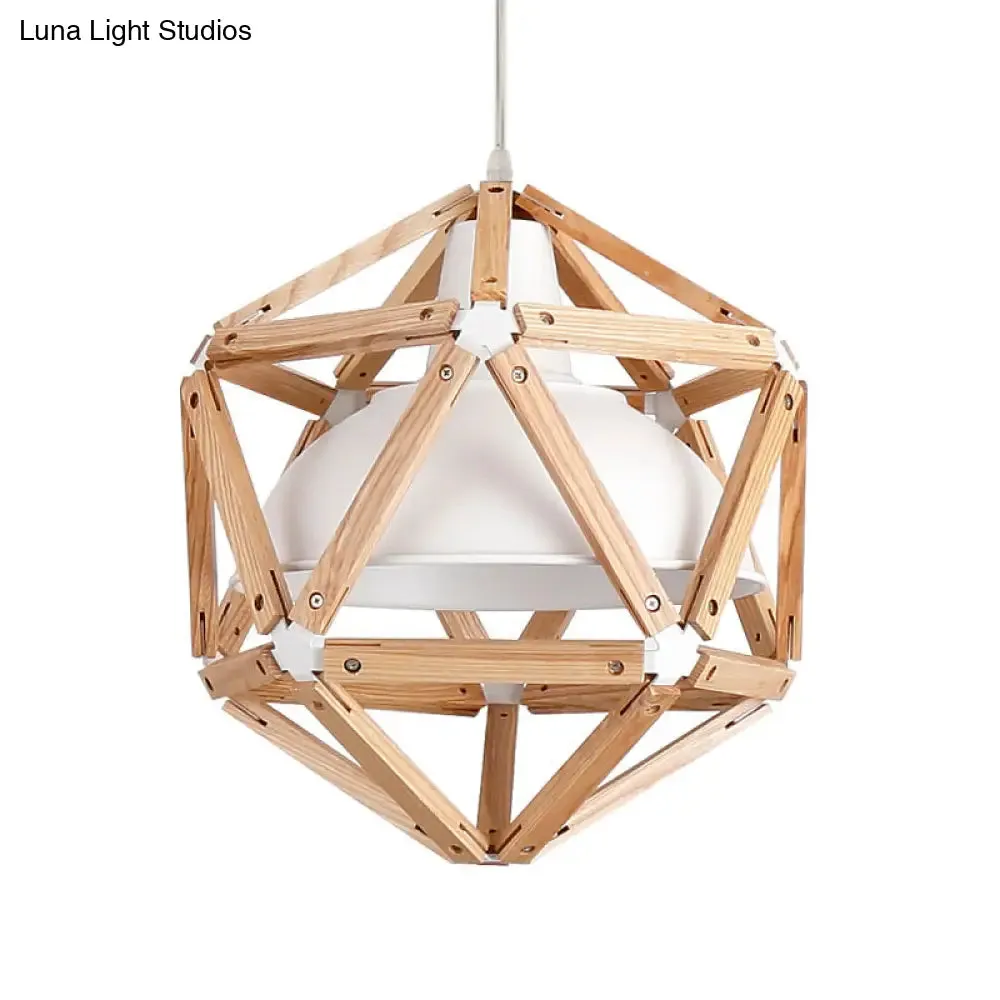 Modern Geometric Wood Bar Hanging Light: 1-Light Ceiling Pendant in Light/Dark Brown with Metal Bowl Shade