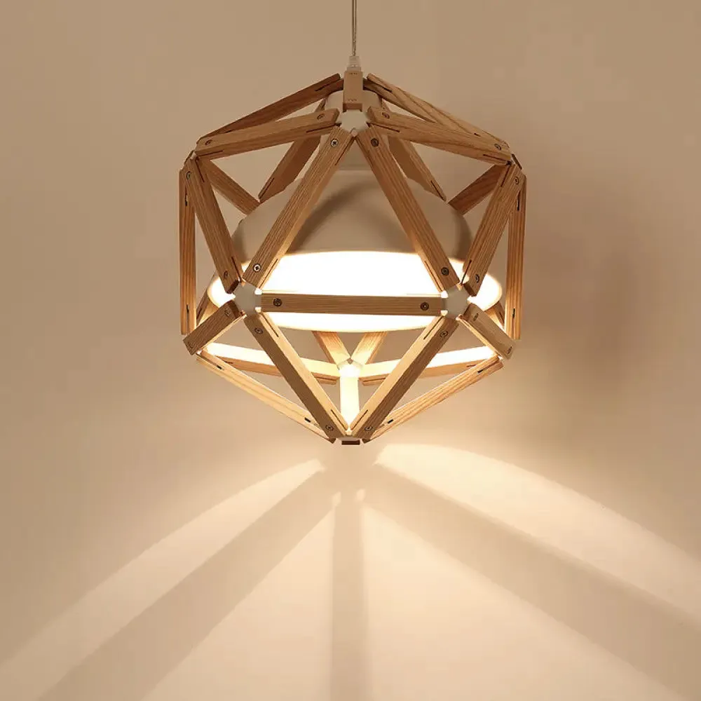 Modern Geometric Wood Bar Hanging Light: 1-Light Ceiling Pendant in Light/Dark Brown with Metal Bowl Shade