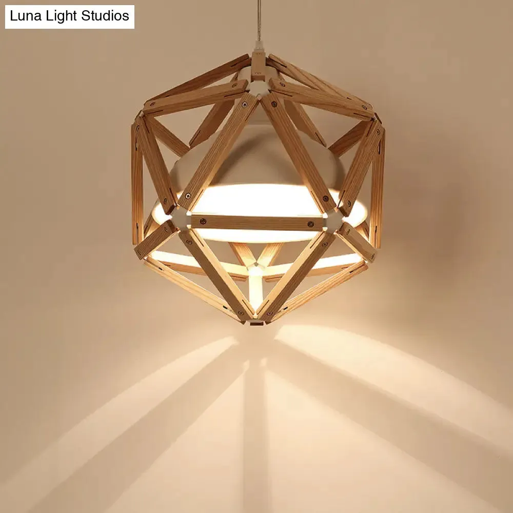 Modern Geometric Wood Bar Hanging Light: 1-Light Ceiling Pendant in Light/Dark Brown with Metal Bowl Shade