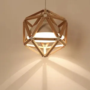 Modern Geometric Wood Bar Hanging Light: 1-Light Ceiling Pendant in Light/Dark Brown with Metal Bowl Shade