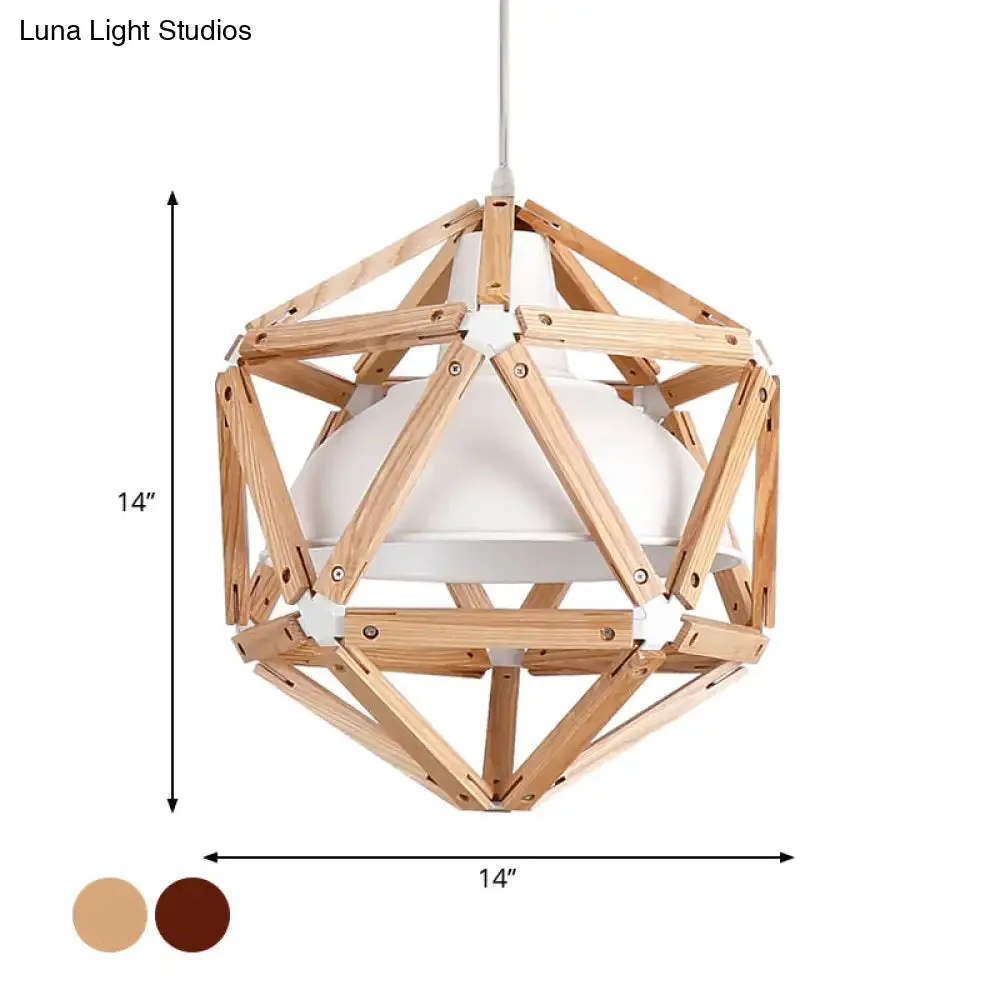 Modern Geometric Wood Bar Hanging Light: 1-Light Ceiling Pendant in Light/Dark Brown with Metal Bowl Shade
