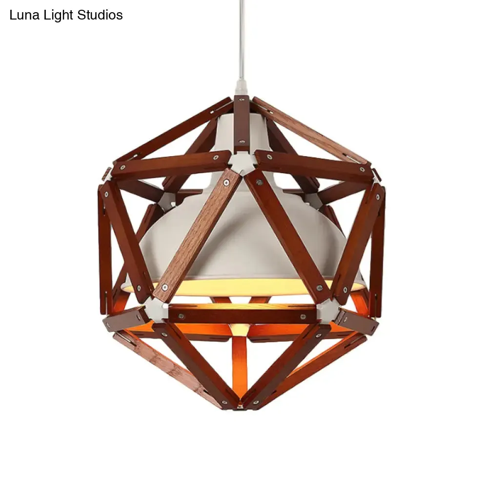 Modern Geometric Wood Bar Hanging Light: 1-Light Ceiling Pendant in Light/Dark Brown with Metal Bowl Shade