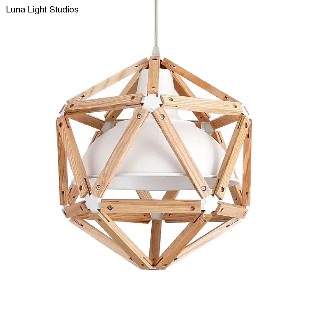 Modern Geometric Wood Bar Hanging Light: 1-Light Ceiling Pendant in Light/Dark Brown with Metal Bowl Shade