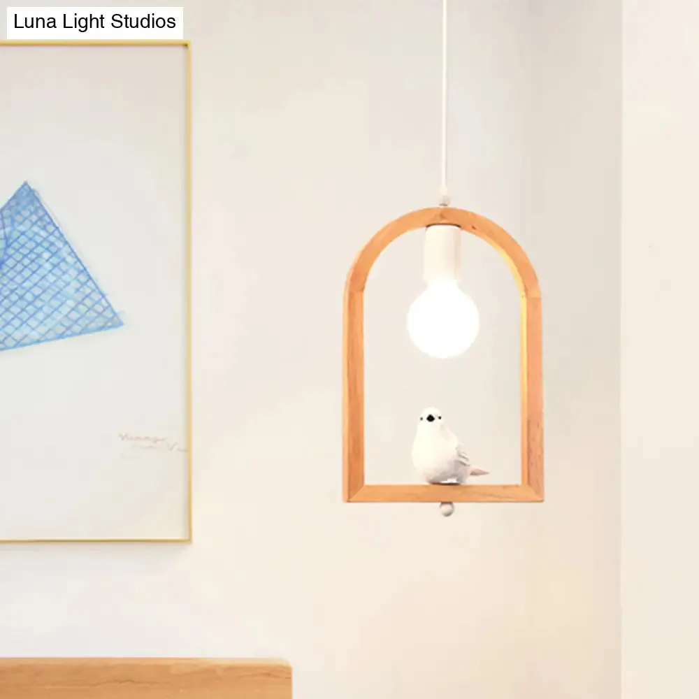 Modern Nordic Pendant Ceiling Lamp with Resin Bird Pendant, Wooden Arch Frame - White, 1 Light