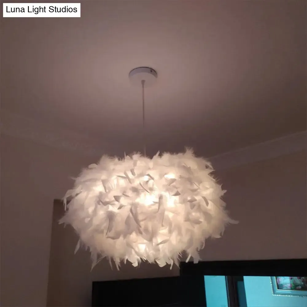 Modern Spherical Feather Pendant Light Fixture - White, 1-Bulb, 18"/21.5" Width - Ideal for Dining Room Suspension