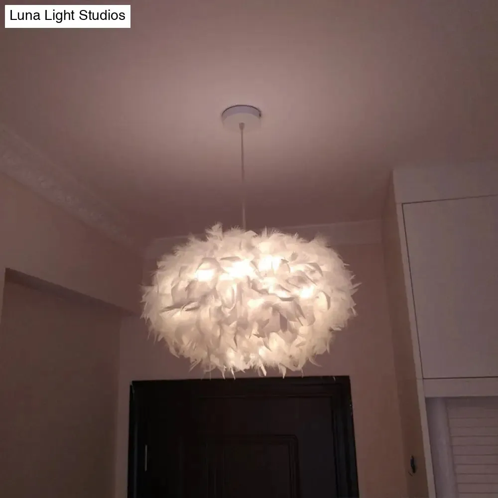 Modern Spherical Feather Pendant Light Fixture - White, 1-Bulb, 18"/21.5" Width - Ideal for Dining Room Suspension