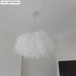 Modern Spherical Feather Pendant Light Fixture - White, 1-Bulb, 18"/21.5" Width - Ideal for Dining Room Suspension