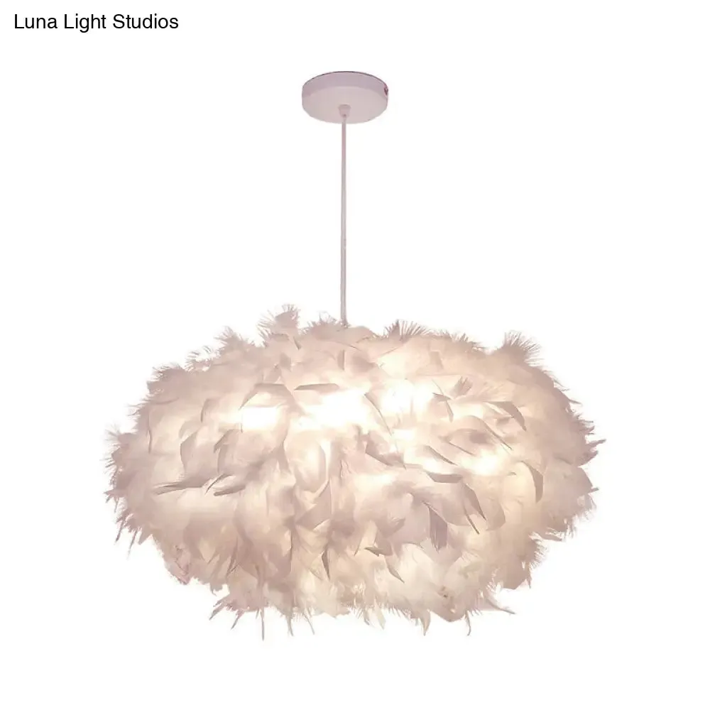 Modern Spherical Feather Pendant Light Fixture - White, 1-Bulb, 18"/21.5" Width - Ideal for Dining Room Suspension