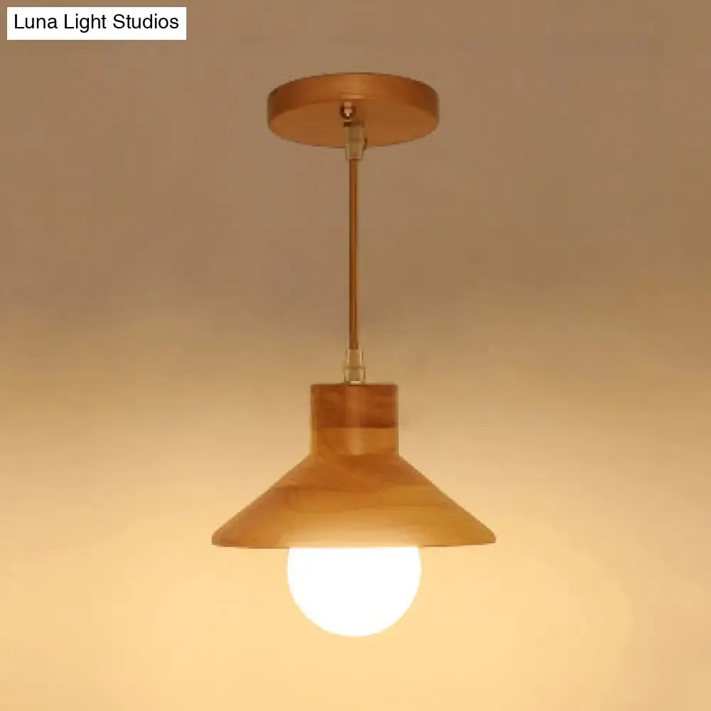 Modern Wooden Pendant Light in Beige for Kid's Room - Coolie Shade Hanging Light with Linear/Round Canopy