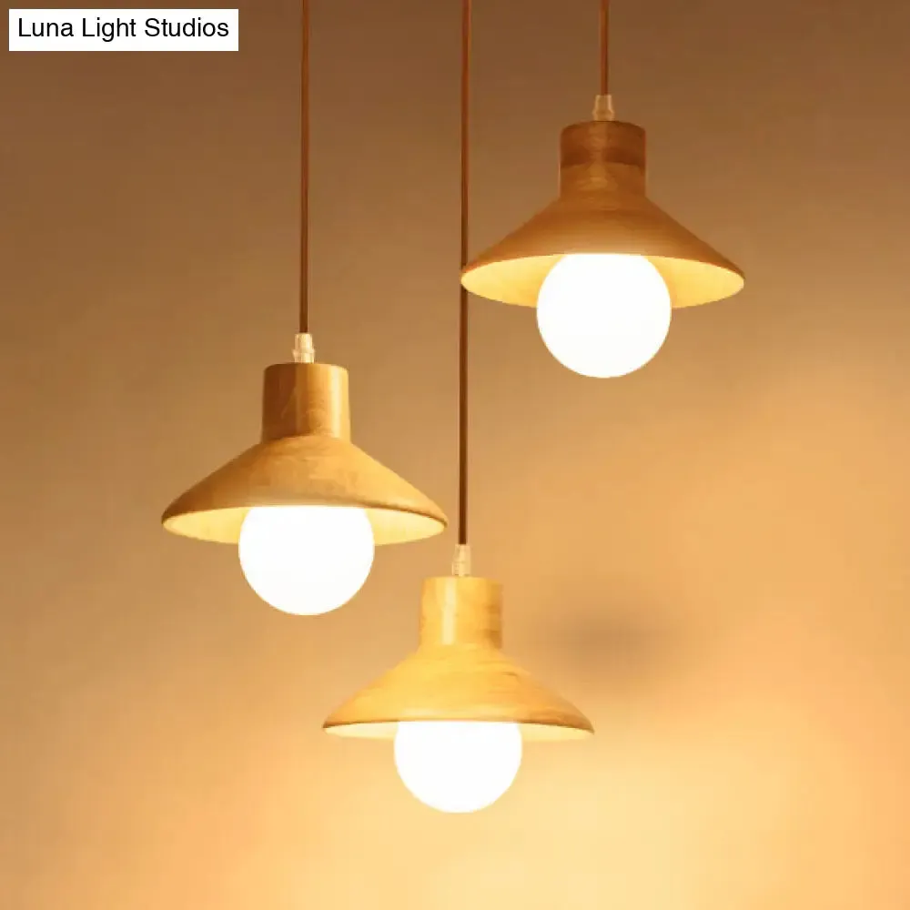 Modern Wooden Pendant Light in Beige for Kid's Room - Coolie Shade Hanging Light with Linear/Round Canopy