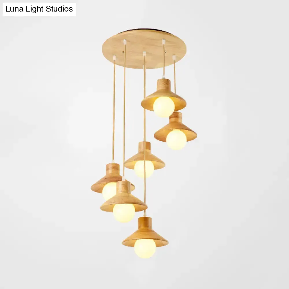 Modern Wooden Pendant Light in Beige for Kid's Room - Coolie Shade Hanging Light with Linear/Round Canopy
