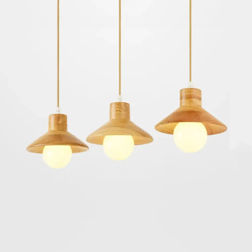 Modern Wooden Pendant Light in Beige for Kid's Room - Coolie Shade Hanging Light with Linear/Round Canopy