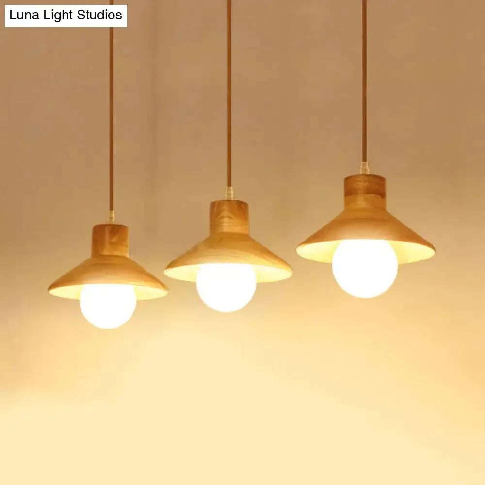 Modern Wooden Pendant Light in Beige for Kid's Room - Coolie Shade Hanging Light with Linear/Round Canopy